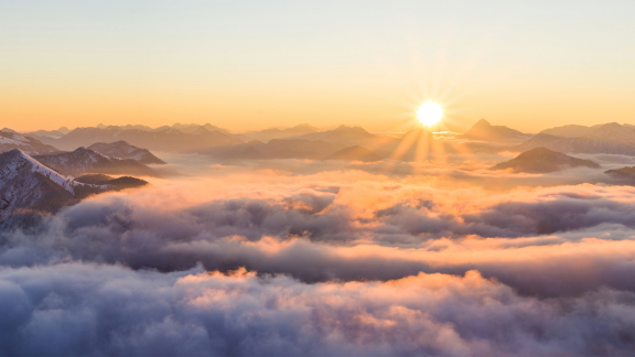 Bavarian mountain peaks in the sunrise